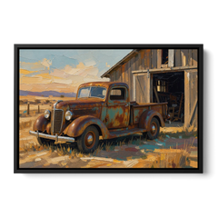 Old Truck Painting by the Weathered Barn - Black Framed Canvas Wall Art - Front