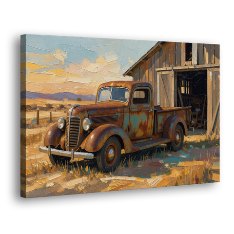 Old Truck Painting by the Weathered Barn - Canvas Wall Art - Side
