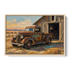 Old Truck Painting by the Weathered Barn - Oak Framed Canvas Wall Art - Front