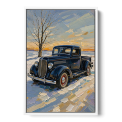 Old Truck Wall Art by the Bare Winter Tree - White Framed Canvas Wall Art - Front