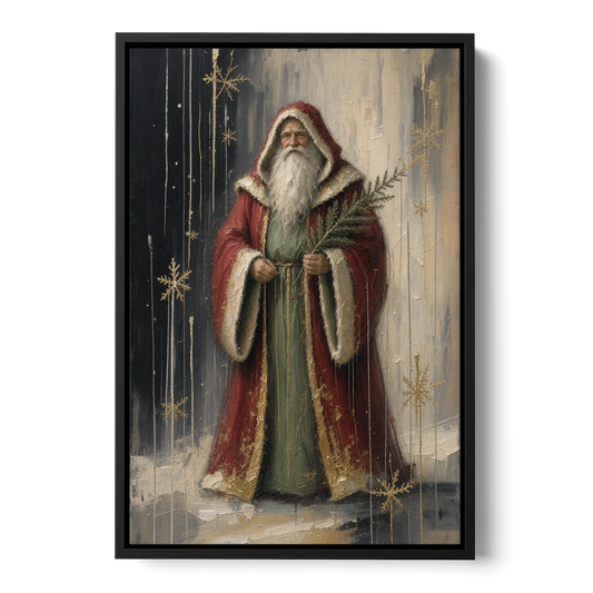 Vintage Christmas Old World Santa with Evergreen Sprig - Black Framed Canvas Wall Art - Front
