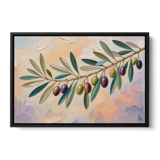 Olive Branch Painting in Pastel Light - Black Framed Canvas Wall Art - Front