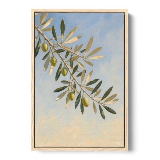 Olive Branch Under Sunny Sky for the Kitchen - Oak Framed Canvas Wall Art - Front