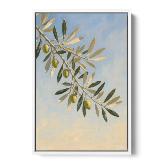 Olive Branch Under Sunny Sky for the Kitchen - White Framed Canvas Wall Art - Front