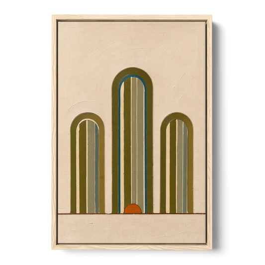 Olive Green Wall Art with Three Striped Arches - Oak Framed Canvas Wall Art - Front