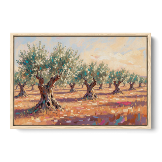 Olive Grove Painting in Late Afternoon - Oak Framed Canvas Wall Art - Front