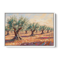 Olive Grove Painting in Late Afternoon - White Framed Canvas Wall Art - Front