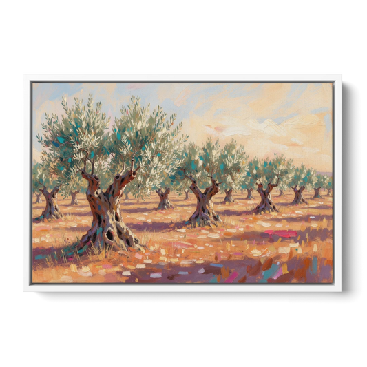 Olive Grove Painting in Late Afternoon - White Framed Canvas Wall Art - Front