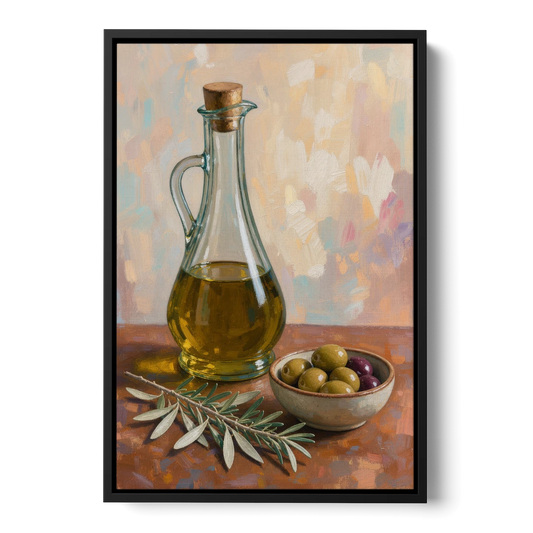 Olive Oil Cruet and Olive Bowl for the Italian Kitchen - Black Framed Canvas Wall Art - Front