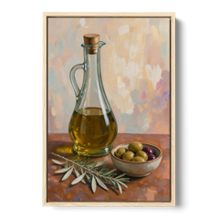 Olive Oil Cruet and Olive Bowl for the Italian Kitchen - Oak Framed Canvas Wall Art - Front