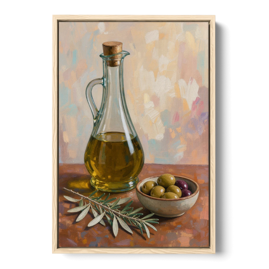 Olive Oil Cruet and Olive Bowl for the Italian Kitchen - Oak Framed Canvas Wall Art - Front