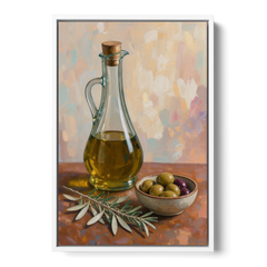 Olive Oil Cruet and Olive Bowl for the Italian Kitchen - White Framed Canvas Wall Art - Front