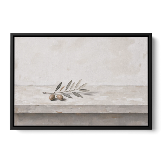 Olive Sprig on a Whitewashed Plaster Ledge - Black Framed Canvas Wall Art - Front