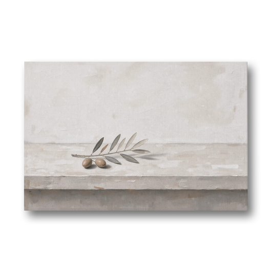 Olive Sprig on a Whitewashed Plaster Ledge - Canvas Wall Art - Front