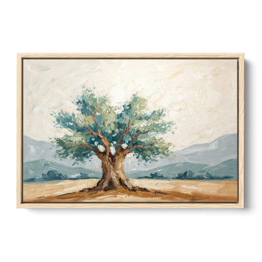 Olive Tree Painting on a Sunlit Terrace - Oak Framed Canvas Wall Art - Front