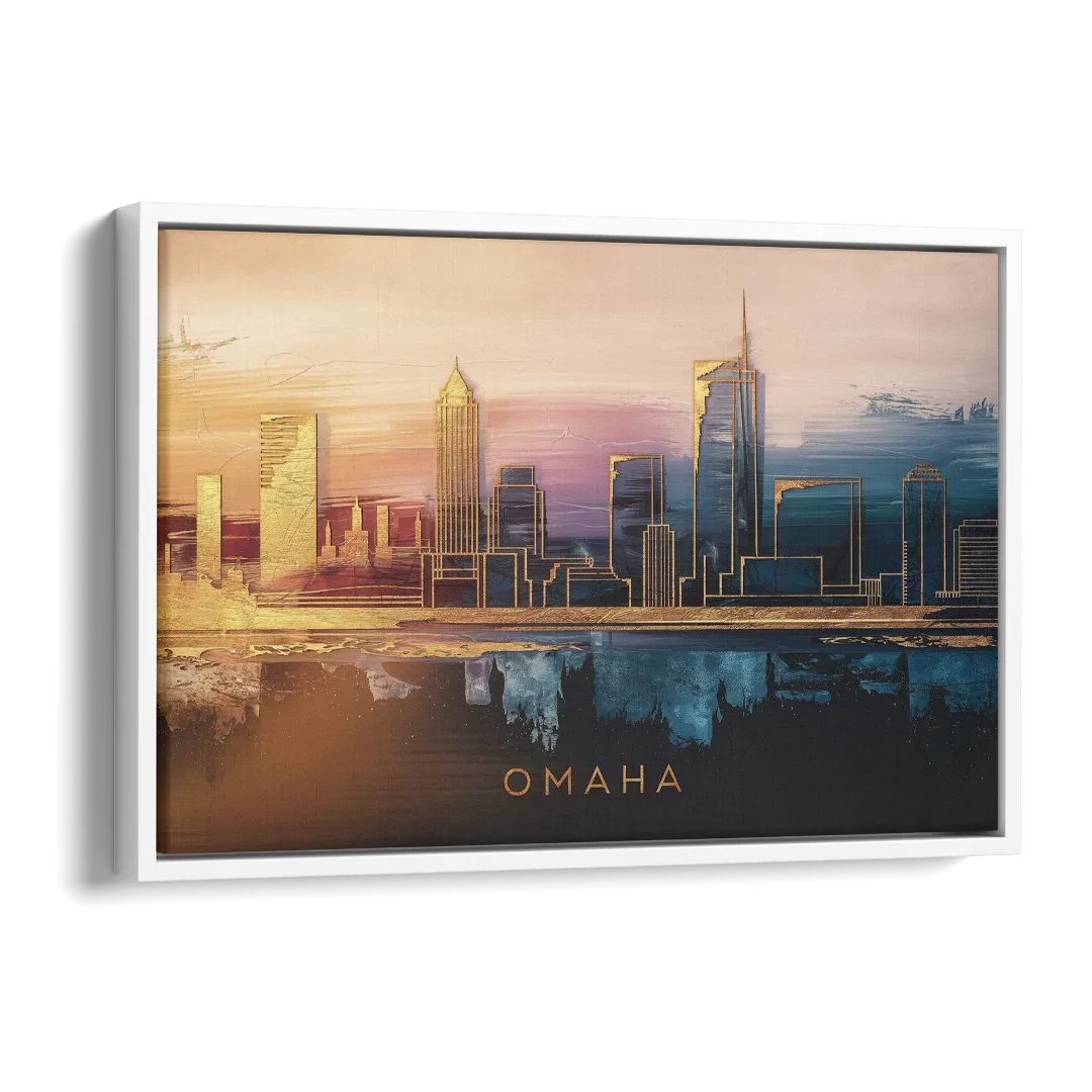 Omaha City Skyline Side - White Canvas Wall Art