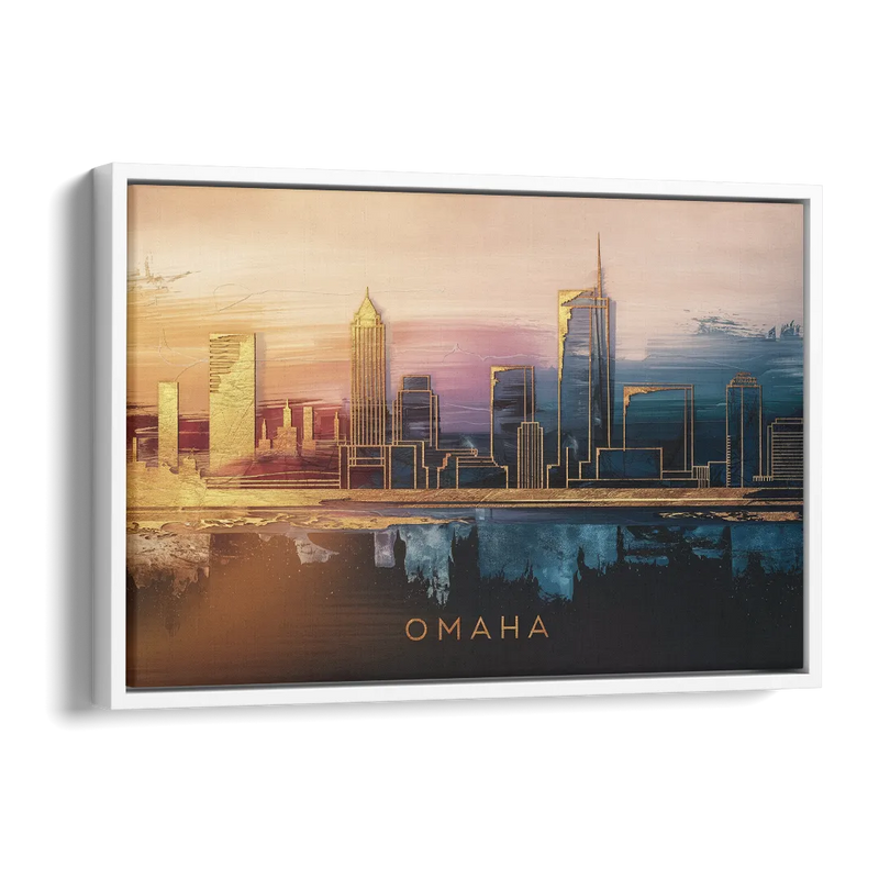Omaha City Skyline Side - White Canvas Wall Art