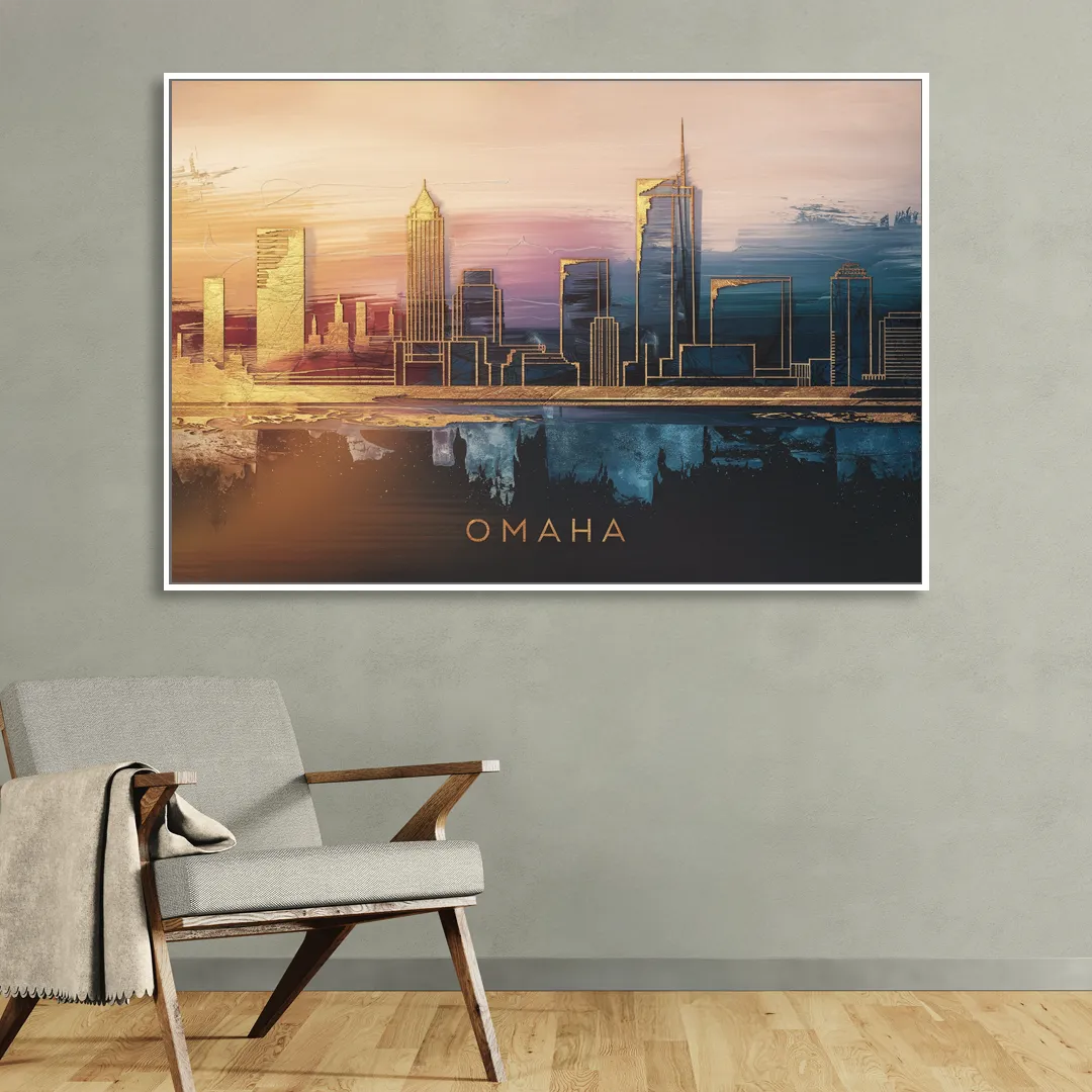 Omaha City Skyline Living Room - White Canvas Wall Art