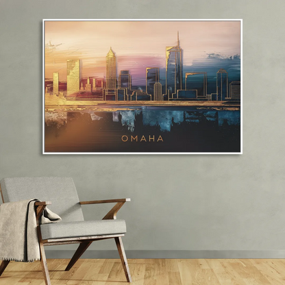 Omaha City Skyline Living Room - White Canvas Wall Art