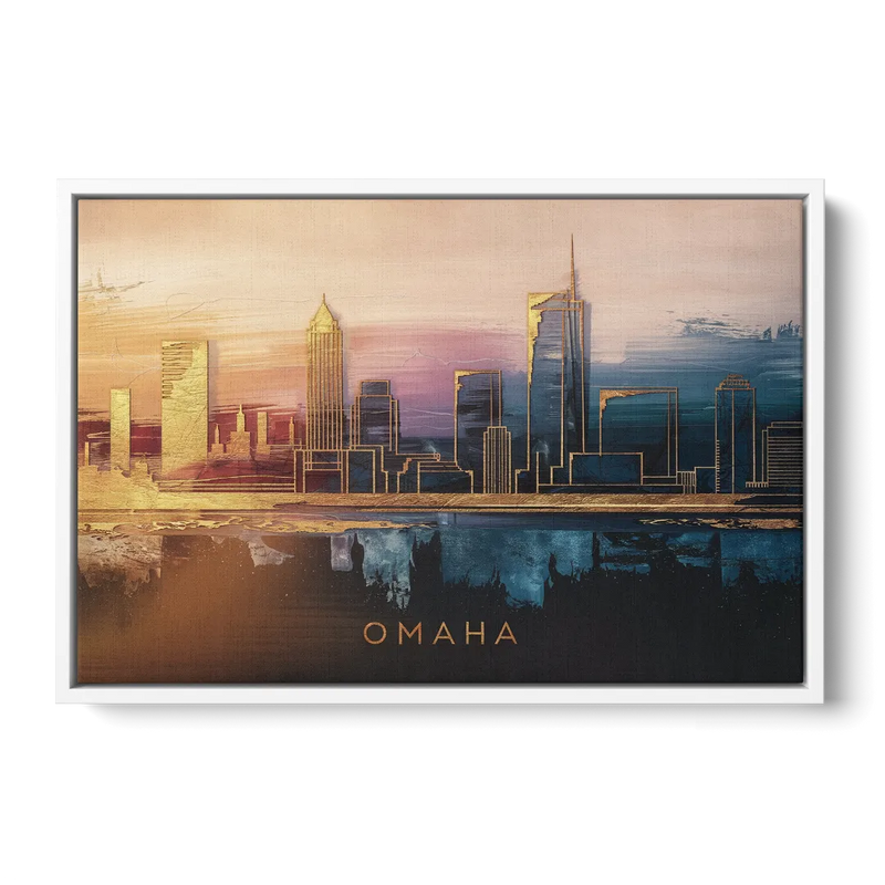 Omaha City Skyline Front - White Canvas Wall Art