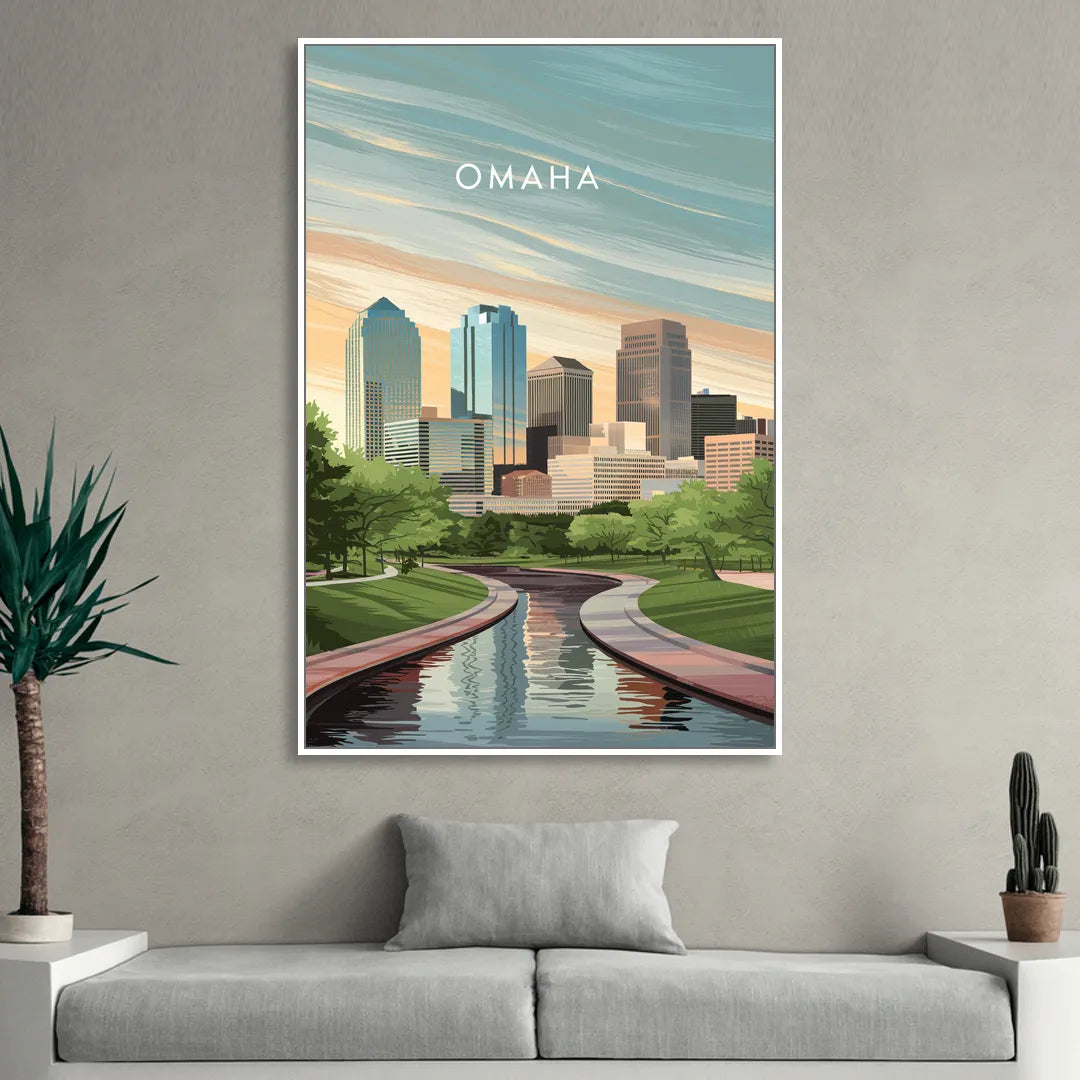 Omaha Downtown View Living Room - White Canvas Wall Art