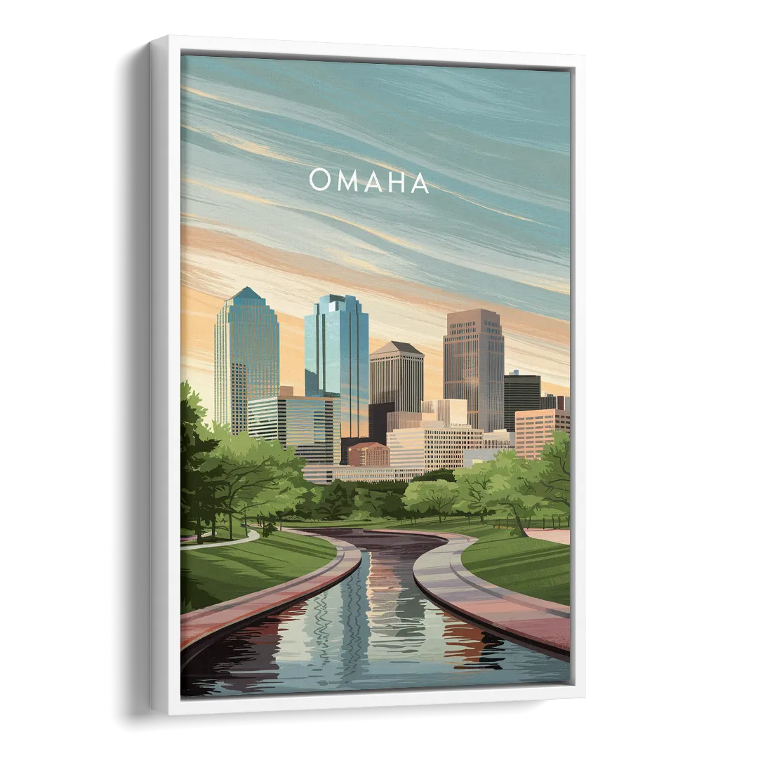 Omaha Downtown View Side - White Canvas Wall Art