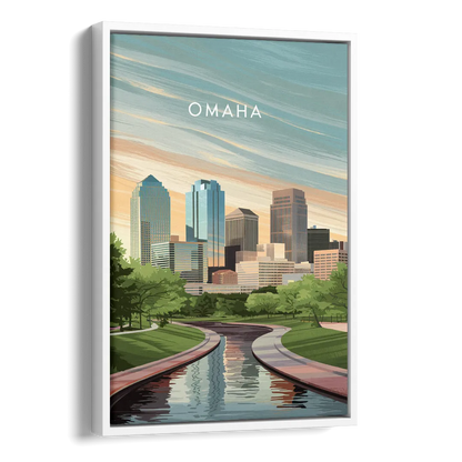 Omaha Downtown View Side - White Canvas Wall Art