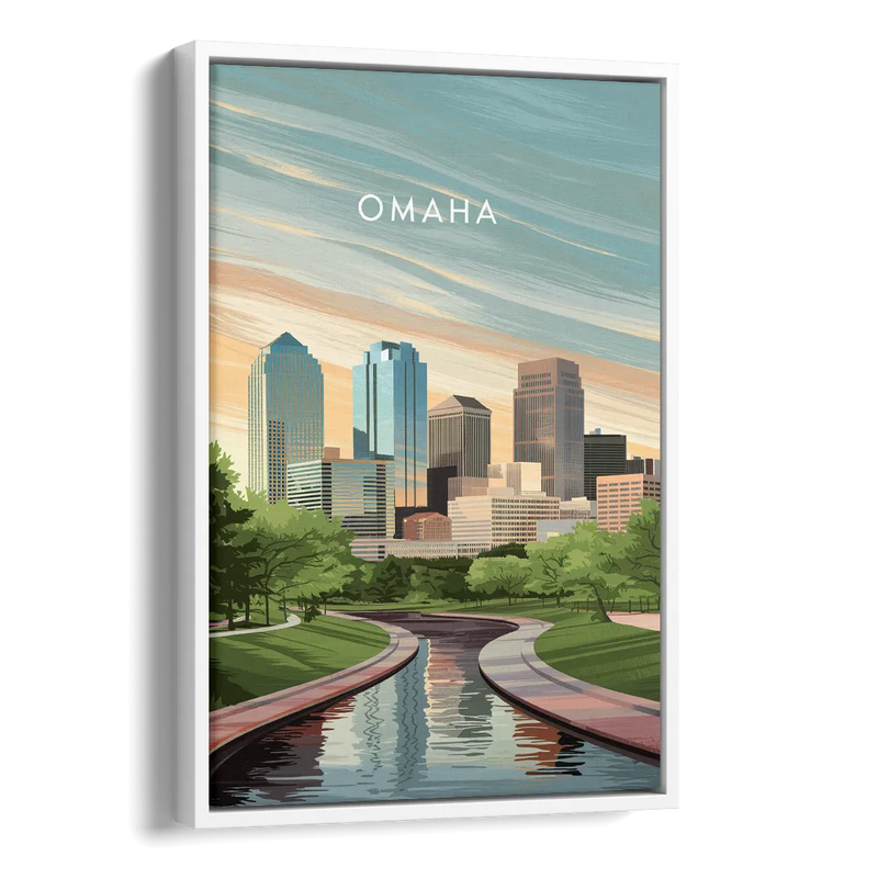 Omaha Downtown View Side - White Canvas Wall Art