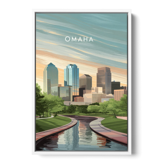 Omaha Downtown View - White Framed Canvas Wall Art - Front