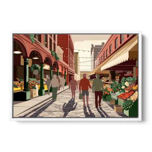 Omaha Old Market Charm - White Framed Canvas Wall Art - Front