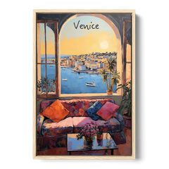 Open Window Painting of the Venice Lagoon - Oak Framed Canvas Wall Art - Front