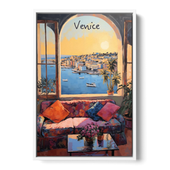 Open Window Painting of the Venice Lagoon - White Framed Canvas Wall Art - Front