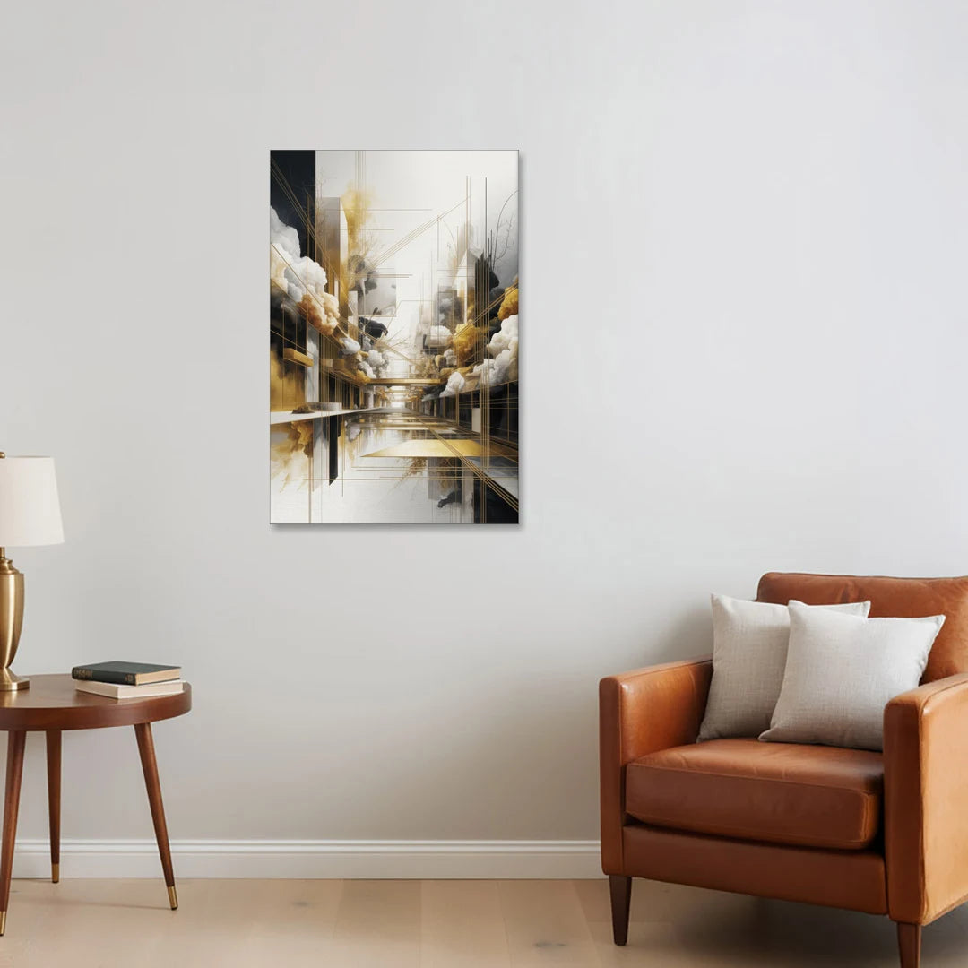 Opulent Abstract Elegance White and Gold - Canvas Wall Art - Sofa - 24x36