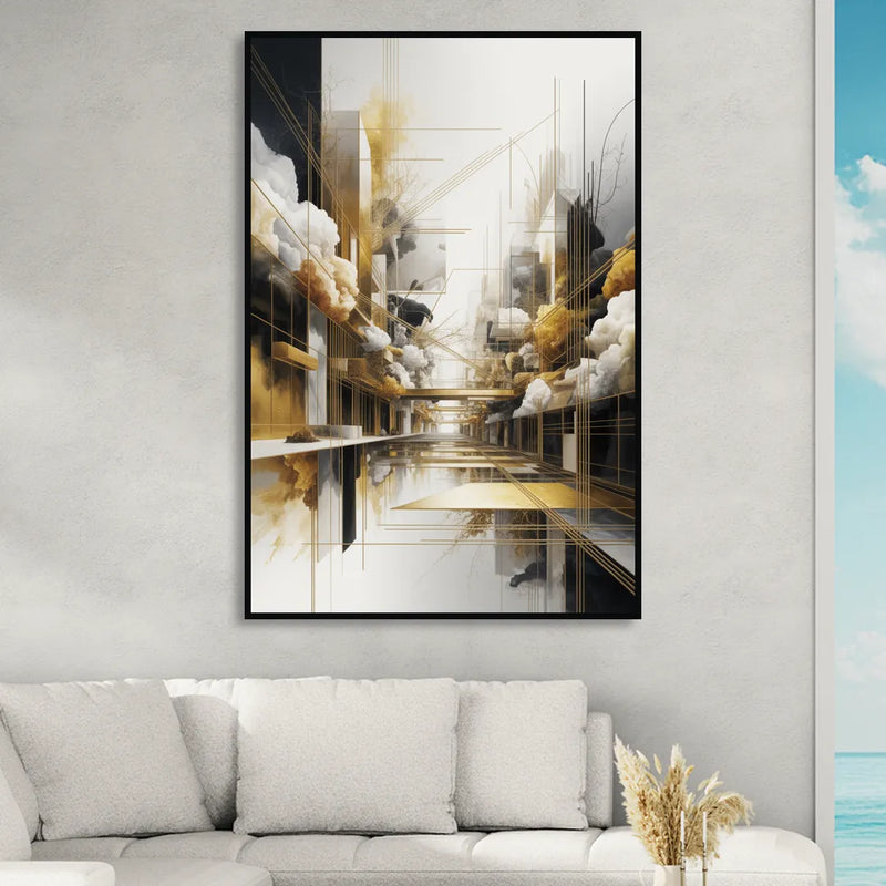 Opulent Abstract Elegance White and Gold Sitting Room - Black Canvas Wall Art