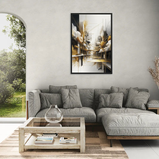 Opulent Abstract Elegance White and Gold - Living Room Black Frame Canvas