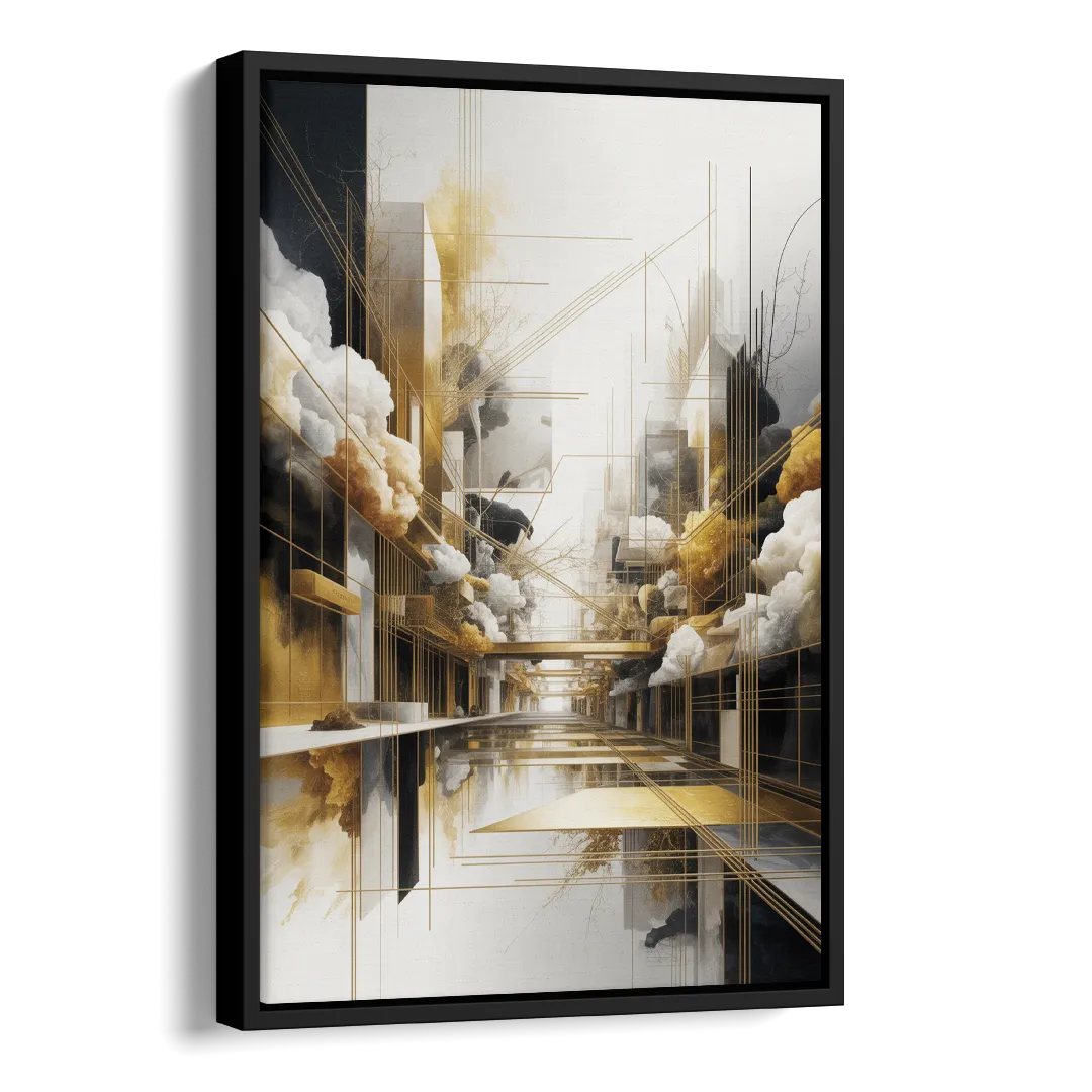 Opulent Abstract Elegance White and Gold Side - Black Canvas Wall Art