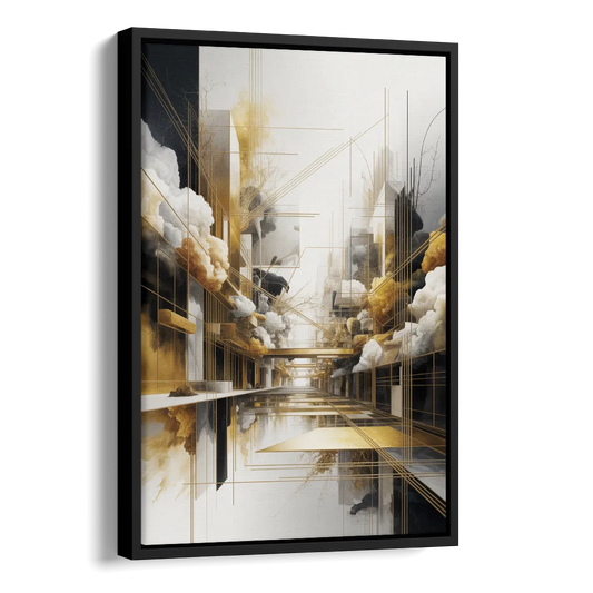 Opulent Abstract Elegance White and Gold Side - Black Canvas Wall Art