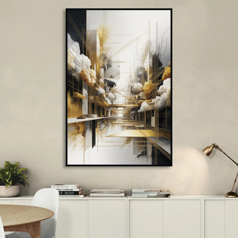 Opulent Abstract Elegance White and Gold Living Room - Black Canvas Wall Art