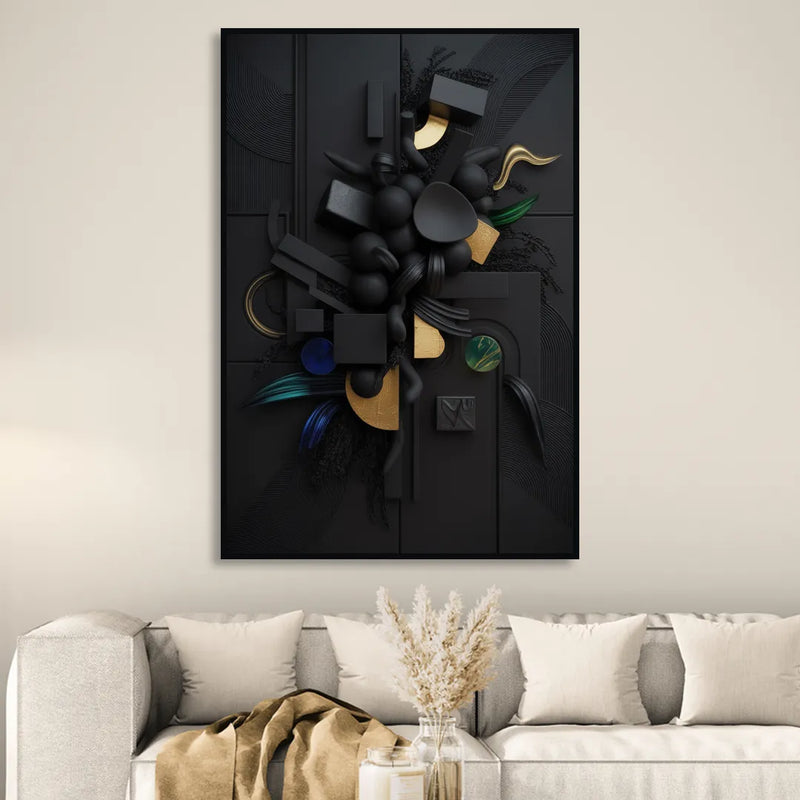 Opulent Contrast Black Abstract Sitting Room - Black Canvas Wall Art