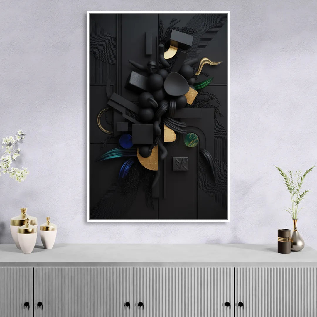 Opulent Contrast Black Abstract Sitting Room - White Canvas Wall Art