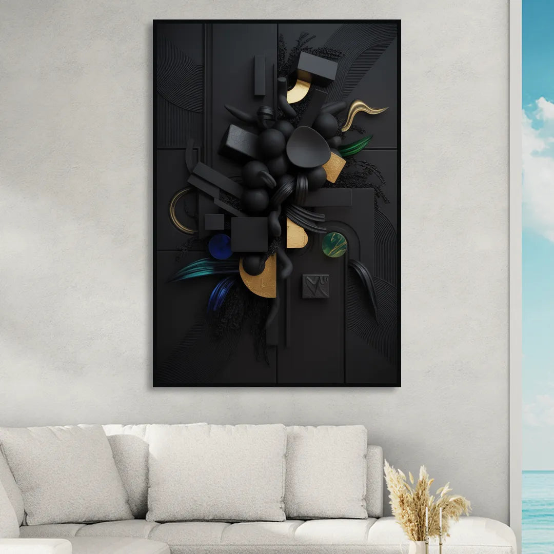Opulent Contrast Black Abstract Living Room - Black Canvas Wall Art
