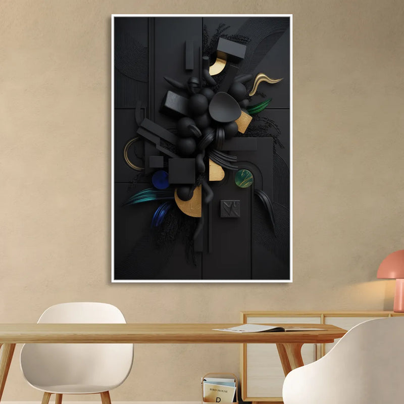 Opulent Contrast Black Abstract Living Room - White Canvas Wall Art