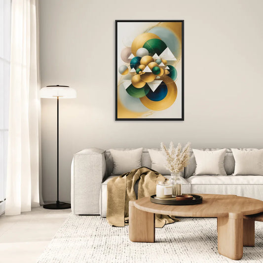 Opulent Floating Forms Gold Abstract - Living Room Black Frame Canvas