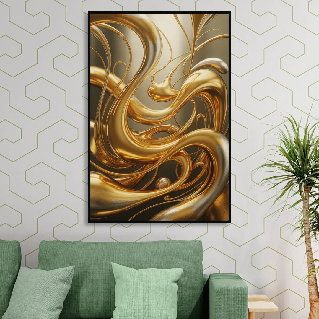 Opulent Flow Gold Abstract Living Room - Black Canvas Wall Art