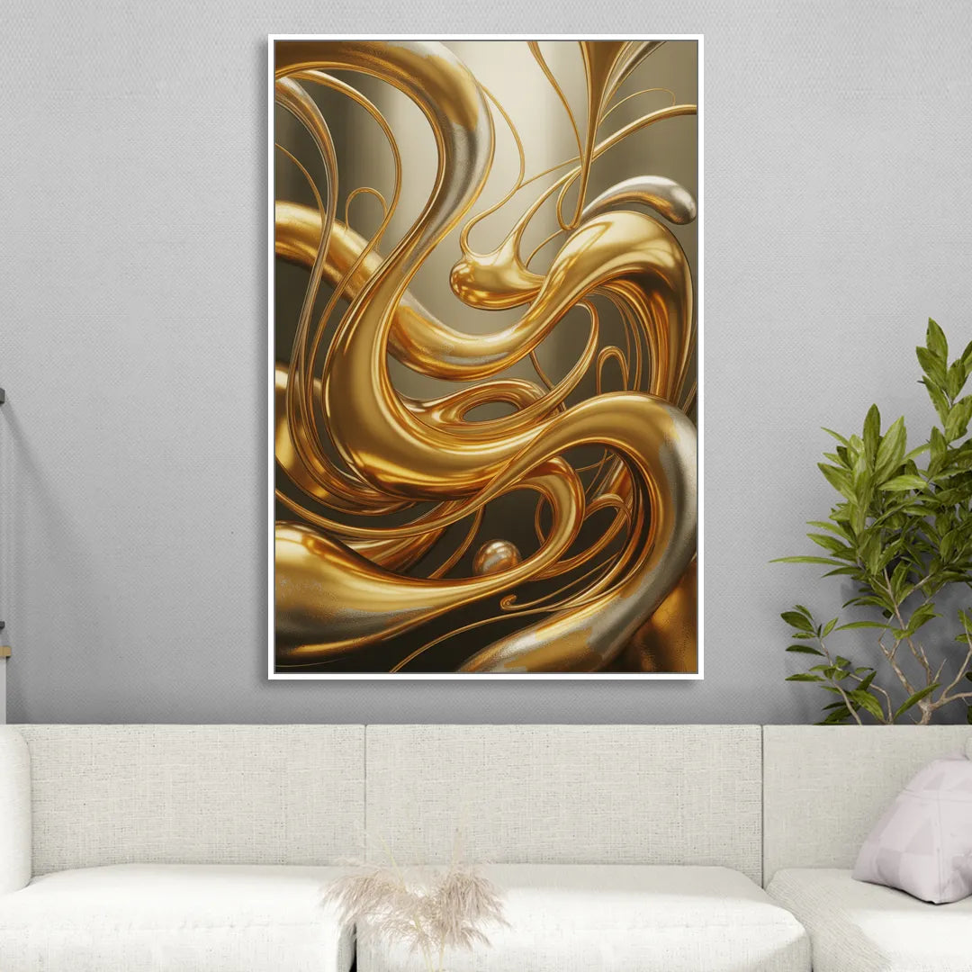 Opulent Flow Gold Abstract Sitting Room - White Canvas Wall Art