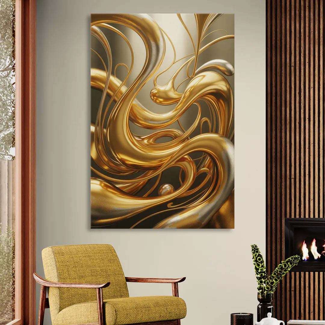Opulent Flow Gold Abstract Sitting Room - Canvas Wall Art