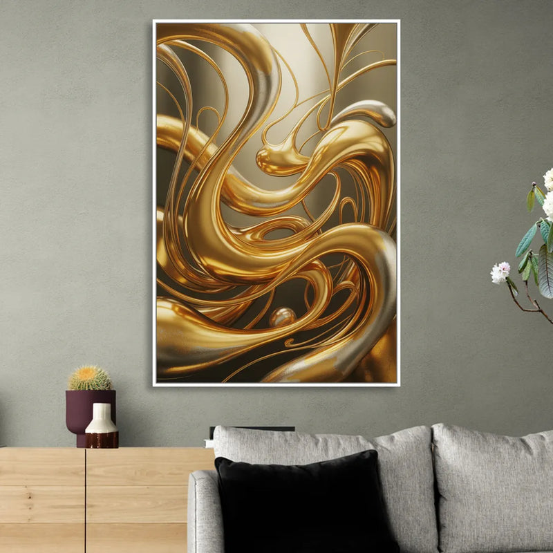 Opulent Flow Gold Abstract Living Room - White Canvas Wall Art