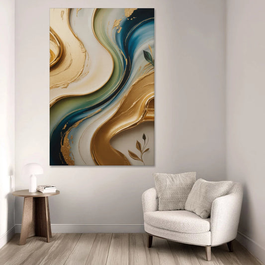 Opulent Flowing Forms Gold Abstract - Canvas Wall Art - Sofa - 40x60