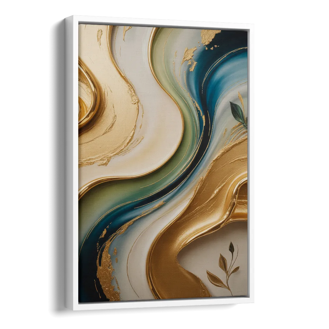 Opulent Flowing Forms Gold Abstract Side - White Canvas Wall Art