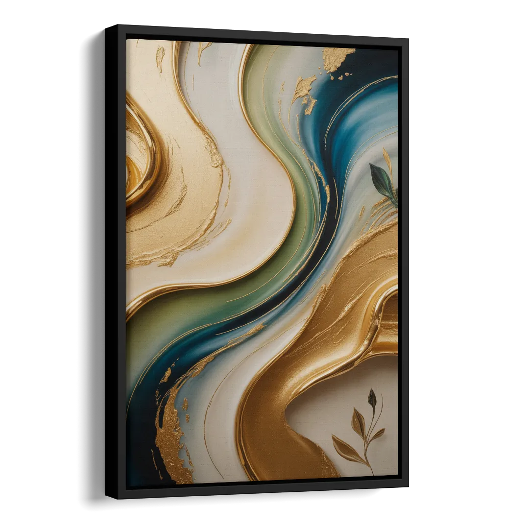 Opulent Flowing Forms Gold Abstract Side - Black Canvas Wall Art